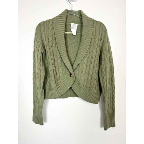 MaxMara Sweater Green Wool Cashmere Cable Knit Italy Shawl Collar L - Picture 1 of 9